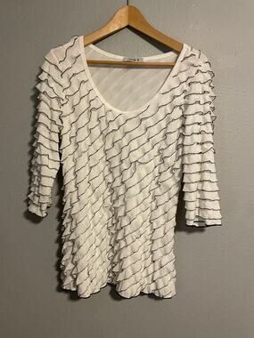 Vintage Womens Top Medium White Ruffle 3/4 Sleeve Stretch Fairy Clubwear 90s